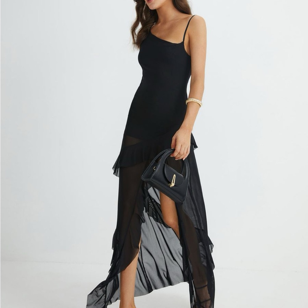Commense Black Asymmetrical Ruffle Net Long Dress